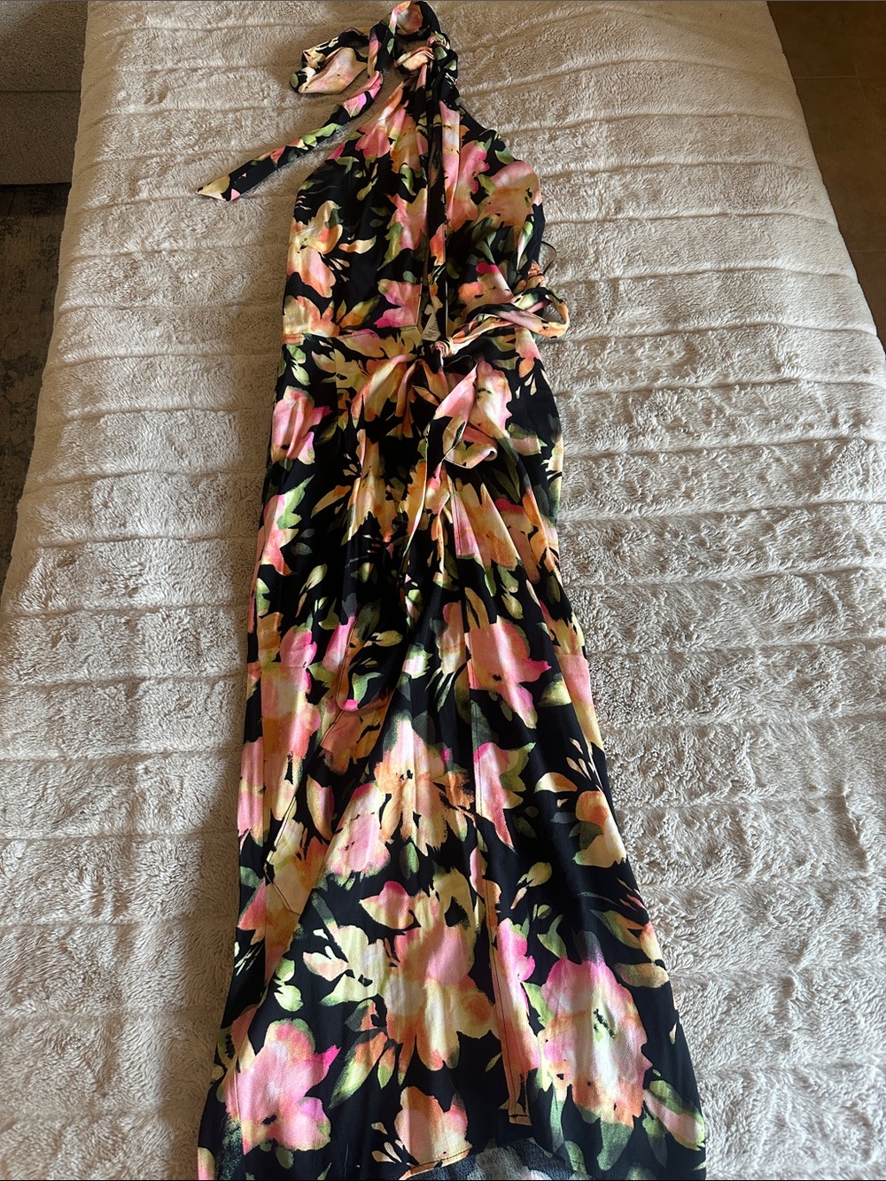 H&M One-Shoulder Floral Maxi Dress - Black with Pink & Yellow